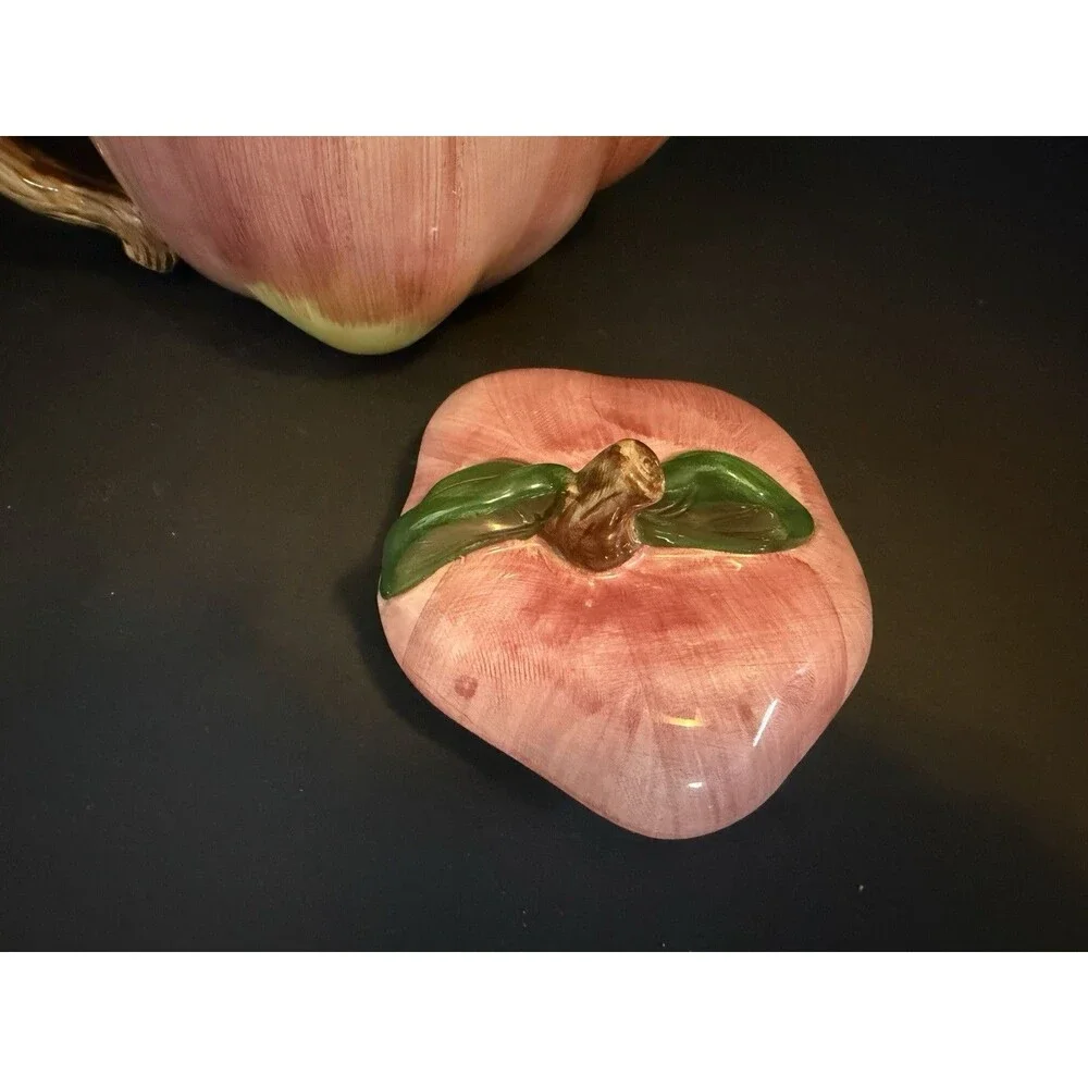 Vtg Enesco Ceramic Apple Teapot Pink Hand Painted Figural Fruit Lid Cottagecore